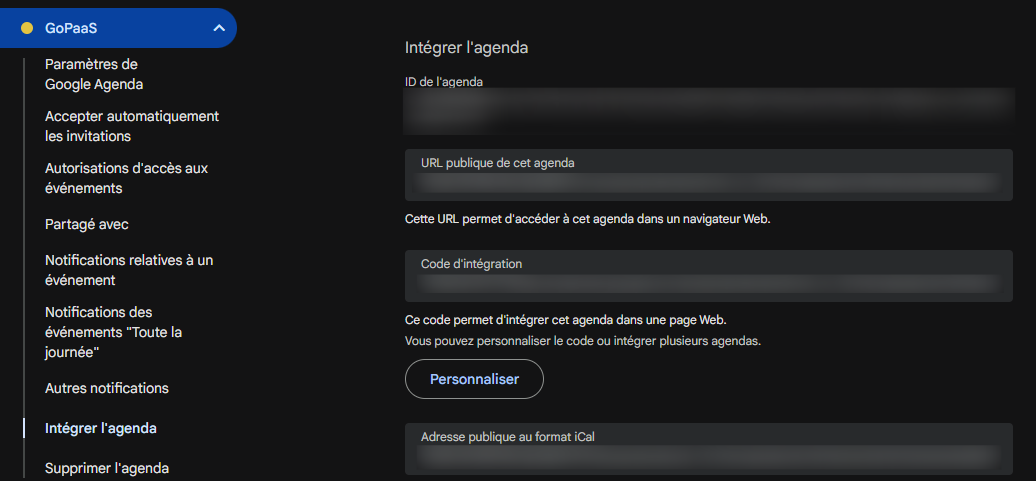 Intégrer l'agenda (Google)