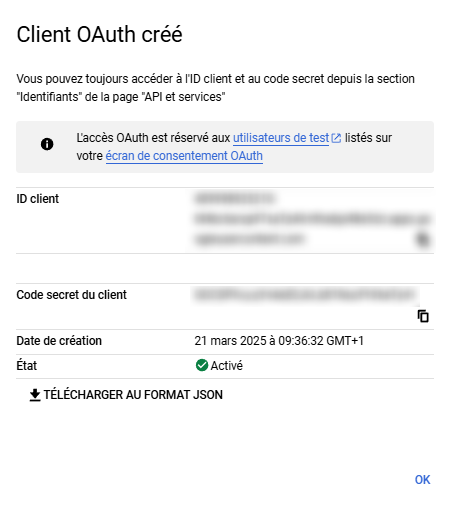 Client OAuth créé (Google)